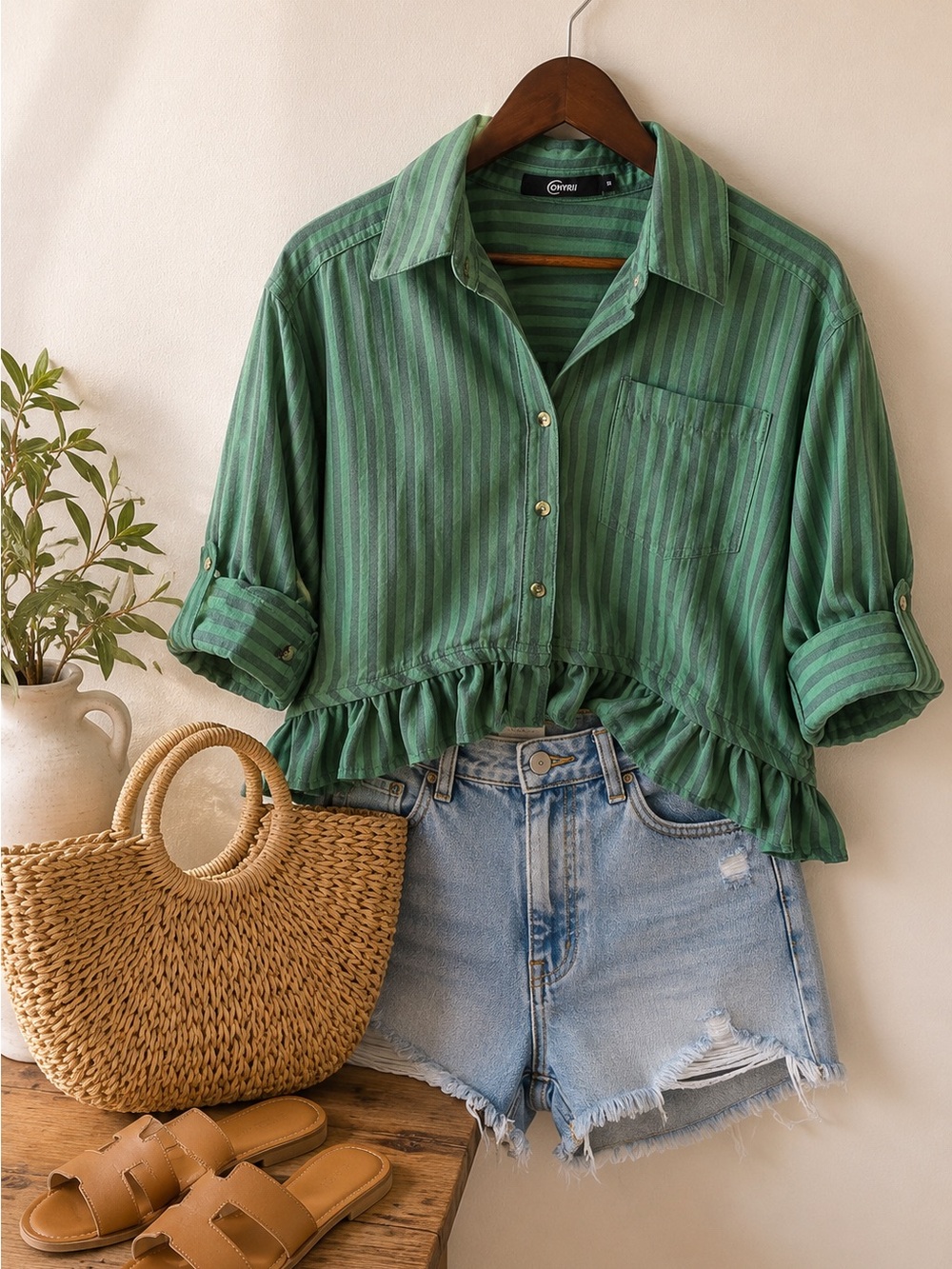 CHYRII Green Striped Ruffle Hem Button Down Blouse| Size M| EUC